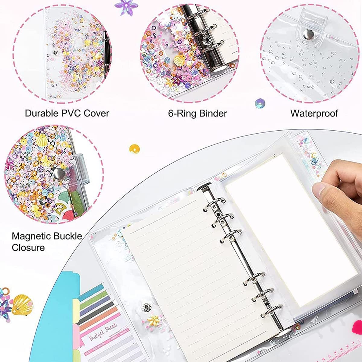 HASTHIP File Folder Ring Binder Notebook Set, A6 PVC Cover Binder Clip with PVC Envelopes, Label Stickers, 1 Ruler, Card Holder, Ring Binder Clip Stationery Supplies HASTHIP File Folder Ring Binder Notebook Set, A6 PVC Cover Binder Clip with PVC Envelopes, Label Stickers, 1 Ruler, Card Holder, Ring Binder Clip Stationery Supplies